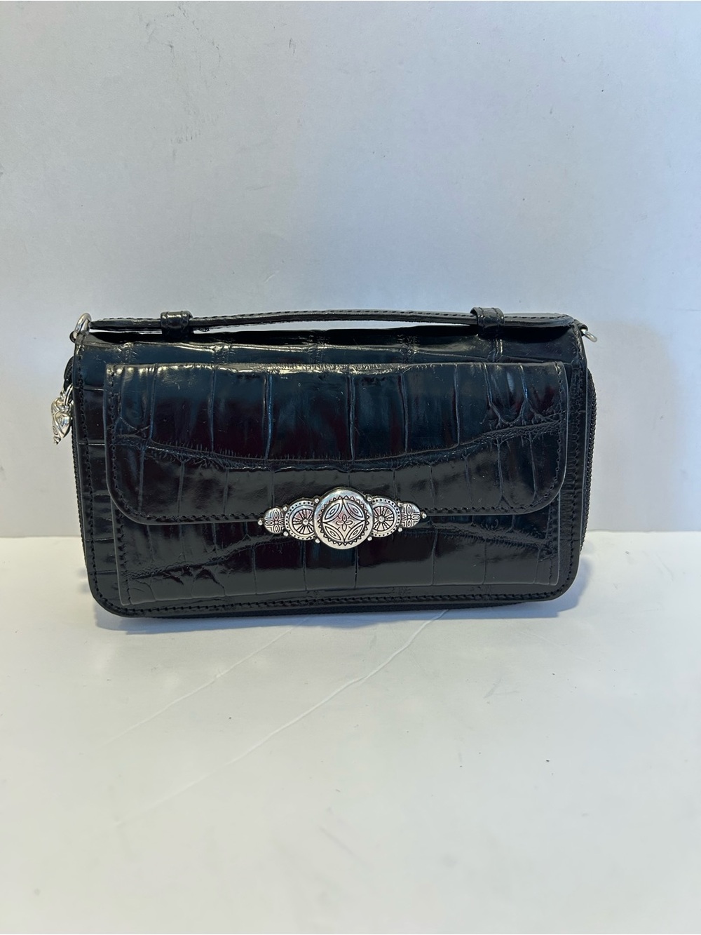 Brighton Black Croc-Embossed Clutch with Silver Medallion